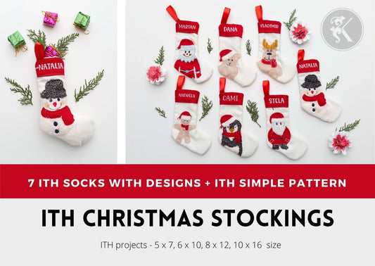 Personalized red and white Christmas stockings with santa, elf, snowman, reindeer, bear. ITH Embroidery project