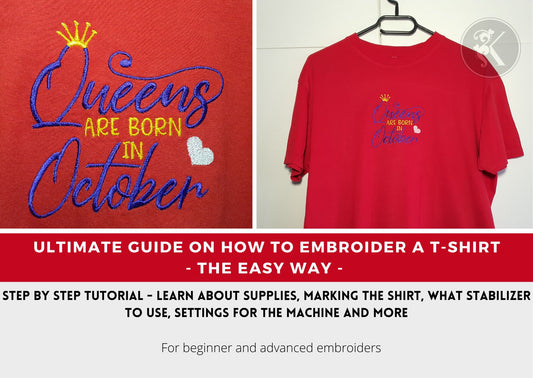 The ultimate guide on how to machine embroider a t shirt, red t shirt with embroidery on it, using no show mesh stabilizer and ballpoint needle, no puckering embroidery