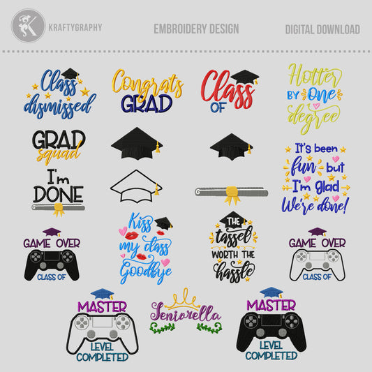 Class of Embroidery Designs Bundle – Graduation Cap, Senior Year, End of School Embroidery Patterns for Machine-Kraftygraphy