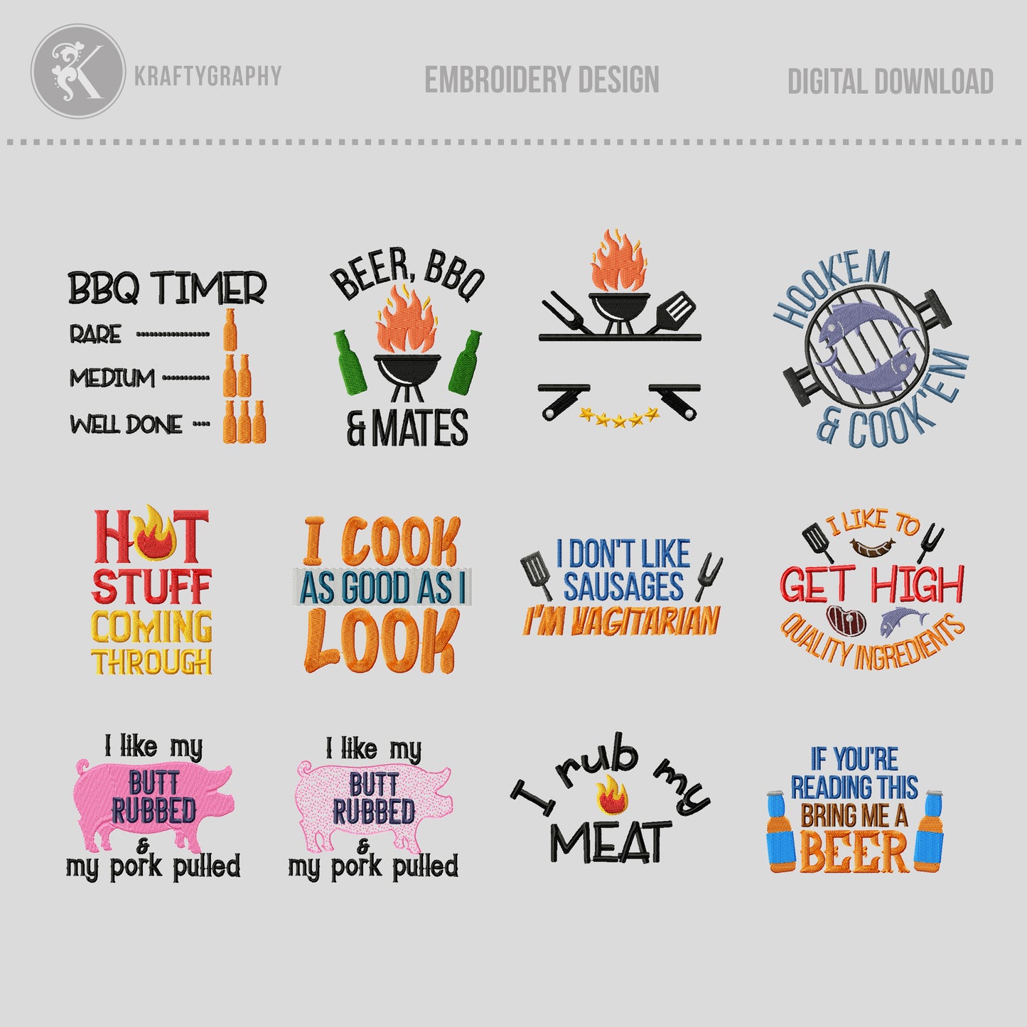 Grill BBQ Machine Embroidery Designs Bundle – Funny Kitchen Towel & Apron Sayings – Outdoor Cooking Embroidery Files-Kraftygraphy
