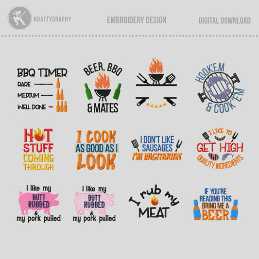 Grill BBQ Machine Embroidery Designs Bundle – Funny Kitchen Towel & Apron Sayings – Outdoor Cooking Embroidery Files-Kraftygraphy