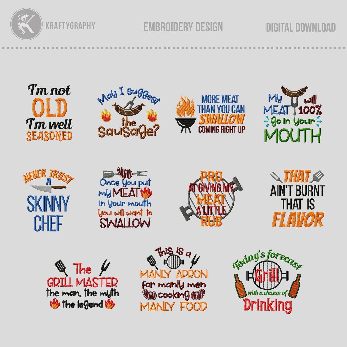 Grill BBQ Machine Embroidery Designs Bundle – Funny Kitchen Towel & Apron Sayings – Outdoor Cooking Embroidery Files-Kraftygraphy