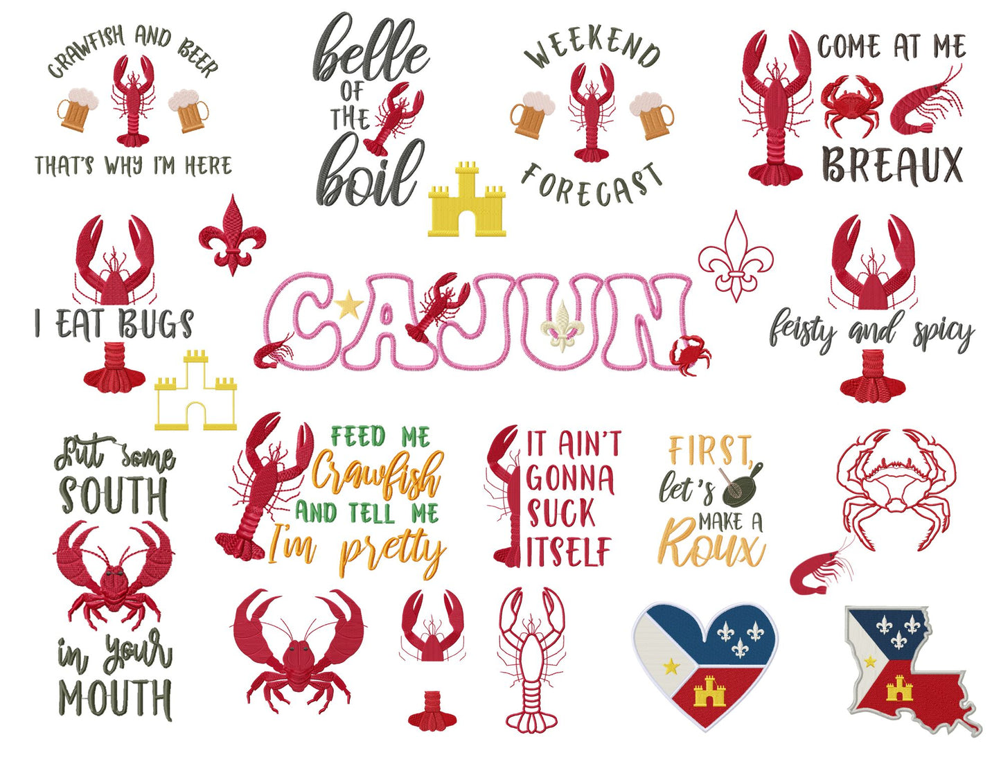 Cajun Embroidery Designs Bundle – Southern Sayings, Crawfish & Acadian Symbols – Machine Embroidery Files-Kraftygraphy