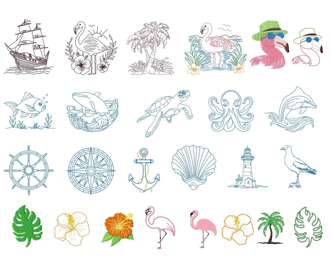 Summer Machine Embroidery Design Bundle – Tropical, Beach & Nautical Patterns in Outline Style-Kraftygraphy