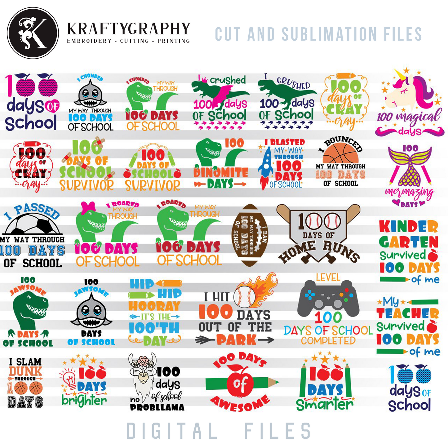 100 Days of School SVG Bundle, Shirt for Teacher Clipart, Shirt for Students, Unicorn Face SVG Design, Dog Fce Dxf Files, Flamingo PNG for Sublimation, Sloth Hanging SVG Cutting Files, Dinosaur Girl SVG Digital Downloads-Kraftygraphy