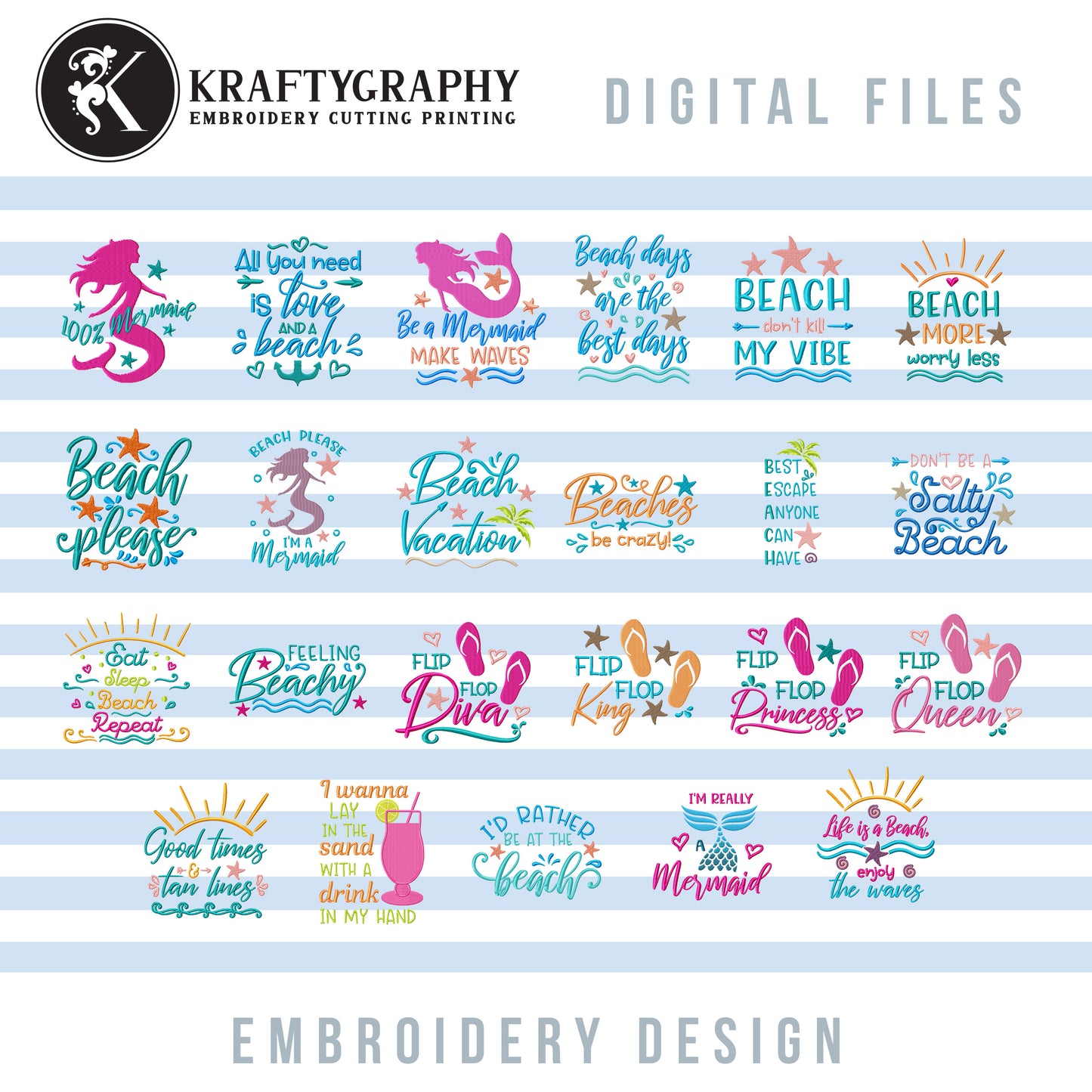 Beach Machine Embroidery Patterns Bundle, Mermaid Embroidery Sayings, Beach Towels Embroidery Designs, Beach Bags Pes Files, Funny Hus, Summer Embroidery Stitches, Vacation Embroidery Word Art-Kraftygraphy