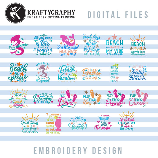 Beach Machine Embroidery Patterns Bundle, Mermaid Embroidery Sayings, Beach Towels Embroidery Designs, Beach Bags Pes Files, Funny Hus, Summer Embroidery Stitches, Vacation Embroidery Word Art-Kraftygraphy