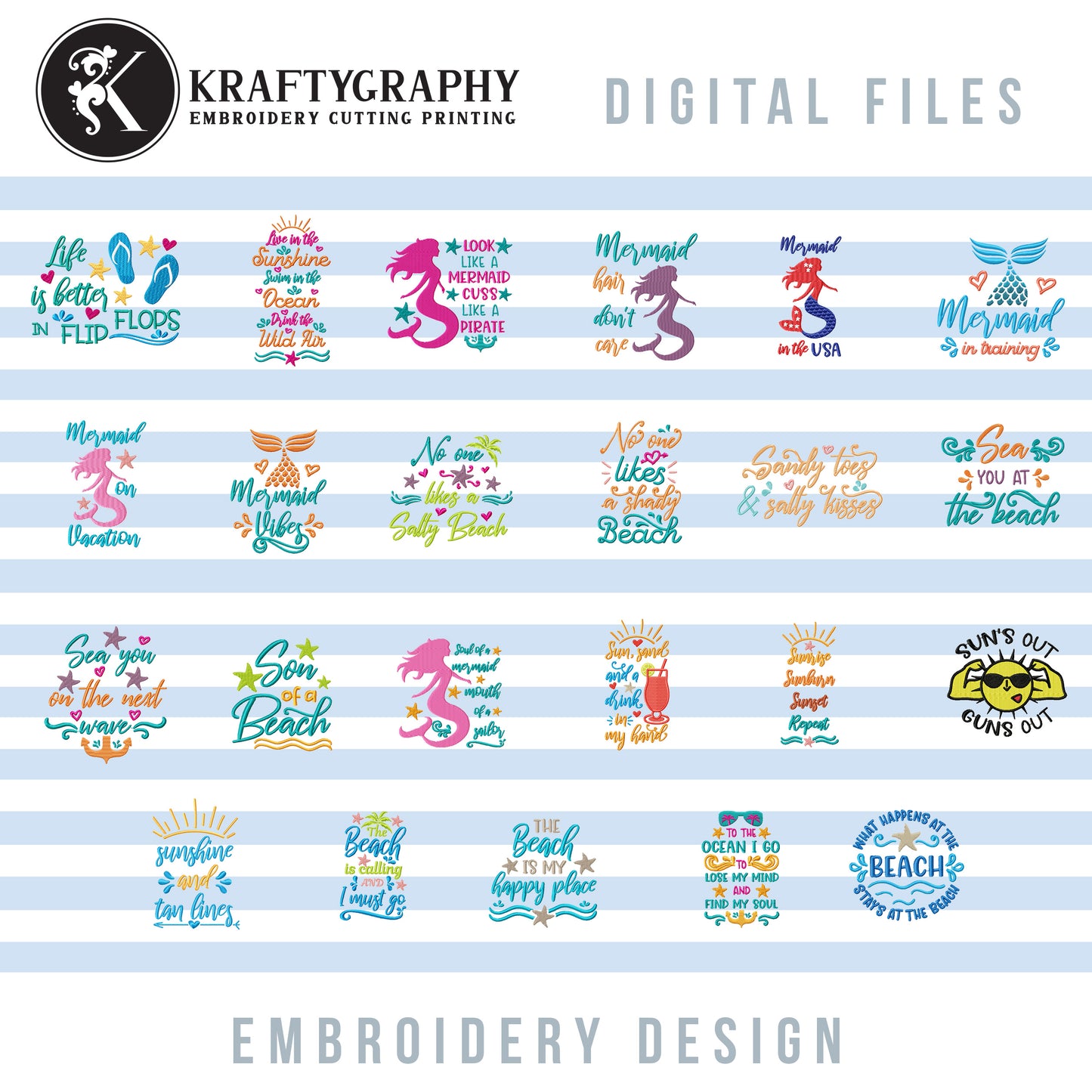 Beach Machine Embroidery Patterns Bundle, Mermaid Embroidery Sayings, Beach Towels Embroidery Designs, Beach Bags Pes Files, Funny Hus, Summer Embroidery Stitches, Vacation Embroidery Word Art-Kraftygraphy