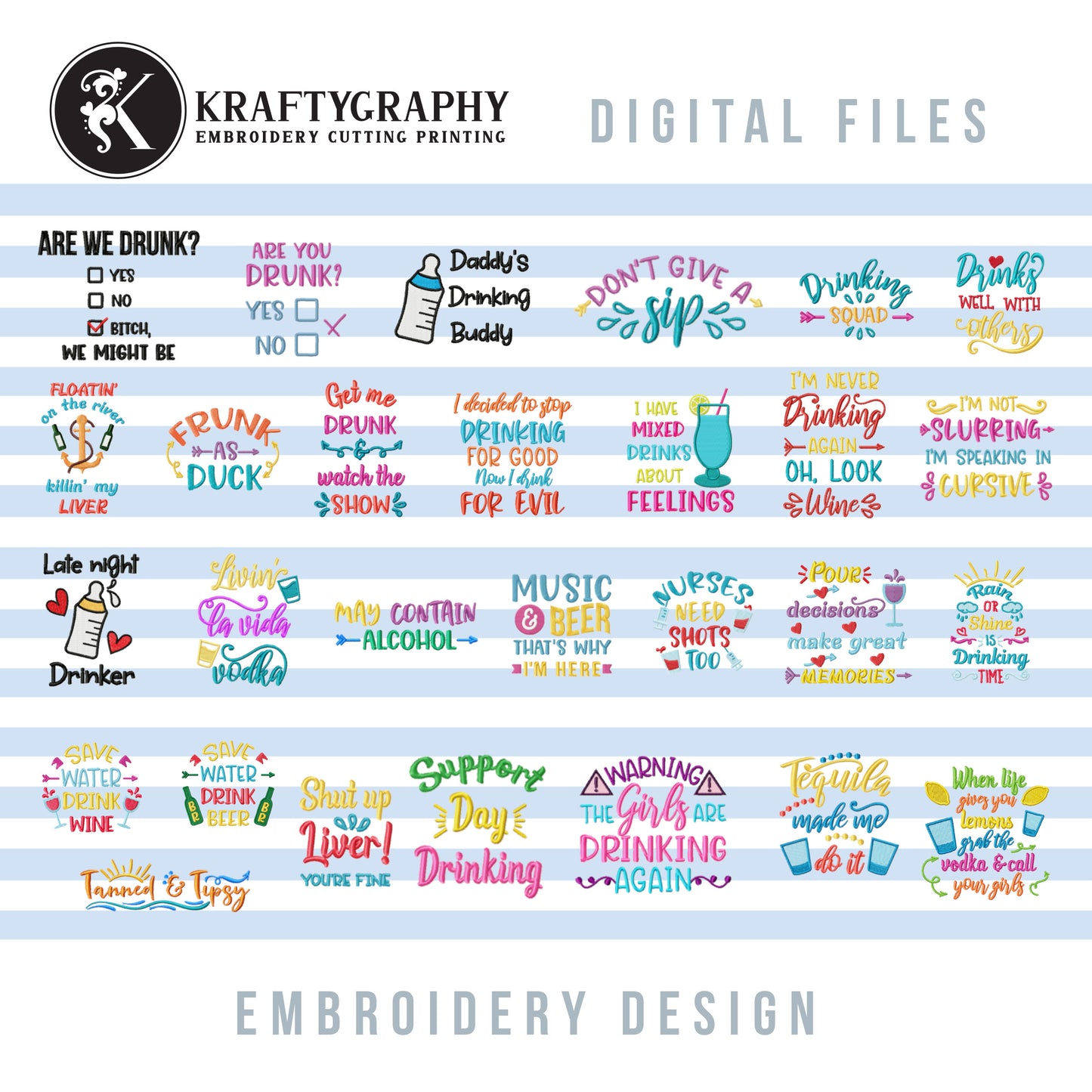 Drinking Machine Embroidery Designs Bundle, Adult Humor Embroidery Patterns, Alcohol Embroidery Files, Beer Embroidery, Wine Embroidery, Cocktail Embroidery, Kitchen Embroidery, Holiday Pes Files-Kraftygraphy
