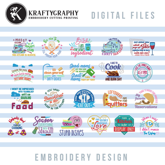 Funny Kitchen Sayings Embroidery Designs Bundle – Multiple Sizes for Towels, Aprons & More-Kraftygraphy