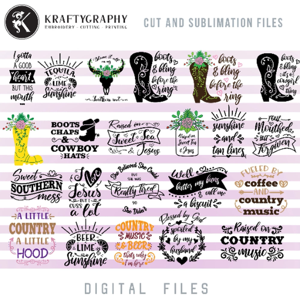 Southern SVG Bundle, Country Clip Art, Sarcastic Sayings Dxf Laser Cut Files, Sassy Quotes PNG, Funny Drinking SVG Files, Boot Clipart-Kraftygraphy