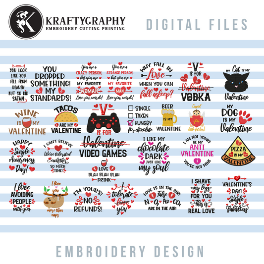 Anti Valentine Machine Embroidery Bundle, Funny Valentine Embroidery Patterns, Cute Valentine Embroidery Sayings, Drinking Pes Files, Sarcastic, Rude Embroidery Quotes, Dog, Sloth, Cat, Taco, Wine Embroidery-Kraftygraphy