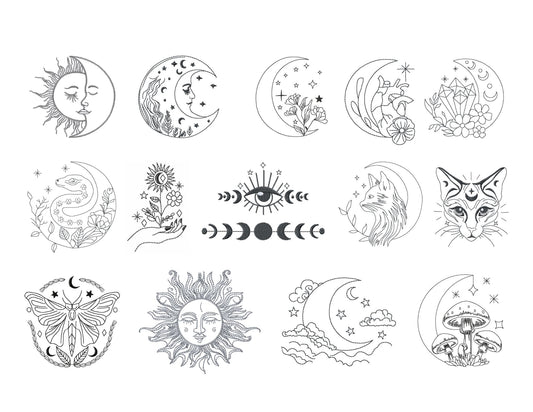 Celestial Embroidery Designs Bundle – Moon, Stars & Sun Machine Embroidery Files, Triple Stitch Low-Density-Kraftygraphy