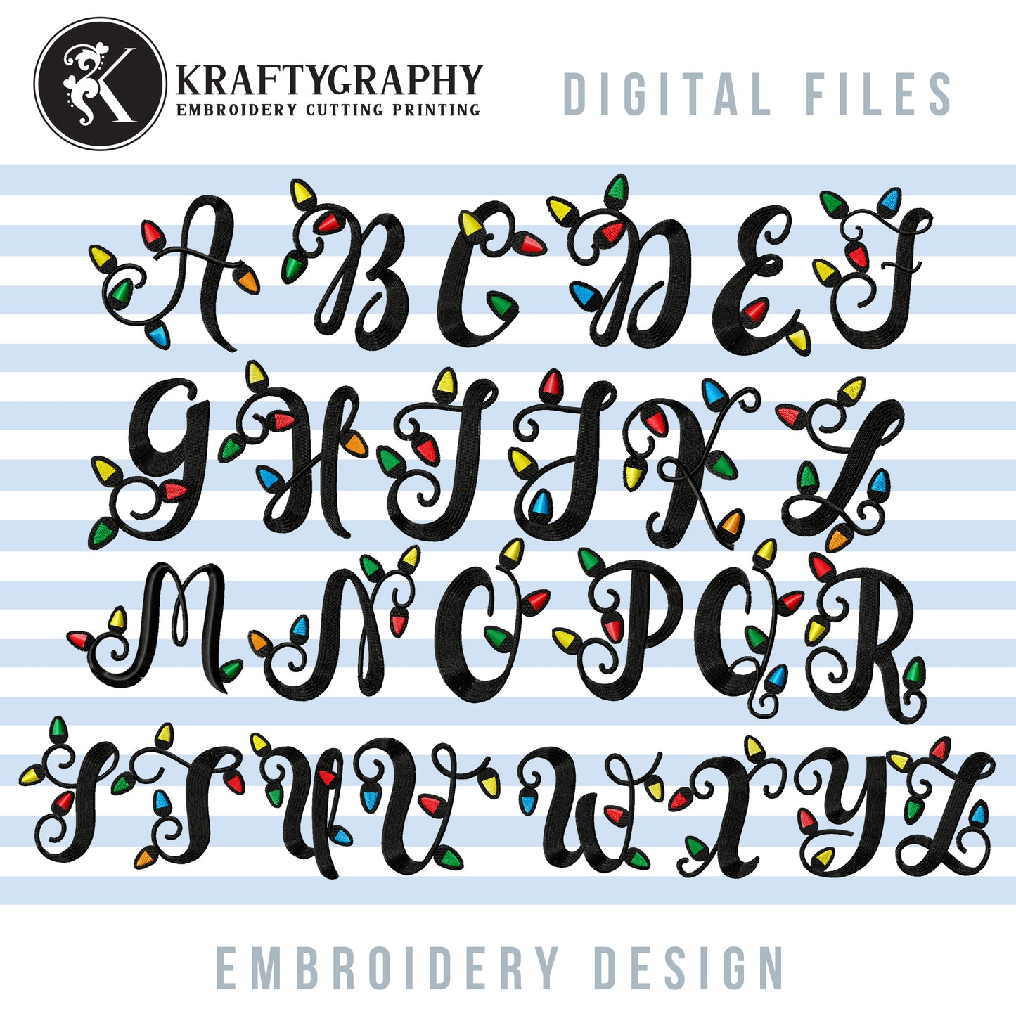 Christmas Embroidery Font, Christmas Alphabet Machine Embroidery Design, Christmas Lights Embroidery Patterns, Christmas Monogram Embroidery Files, Capital Letters Pes Files,-Kraftygraphy