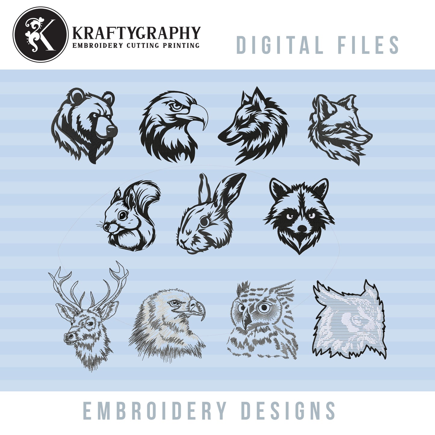 Wild Animals Embroidery Designs Bundle – Silhouette Style Animal Faces for Machine Embroidery, Fill Stitch-Kraftygraphy
