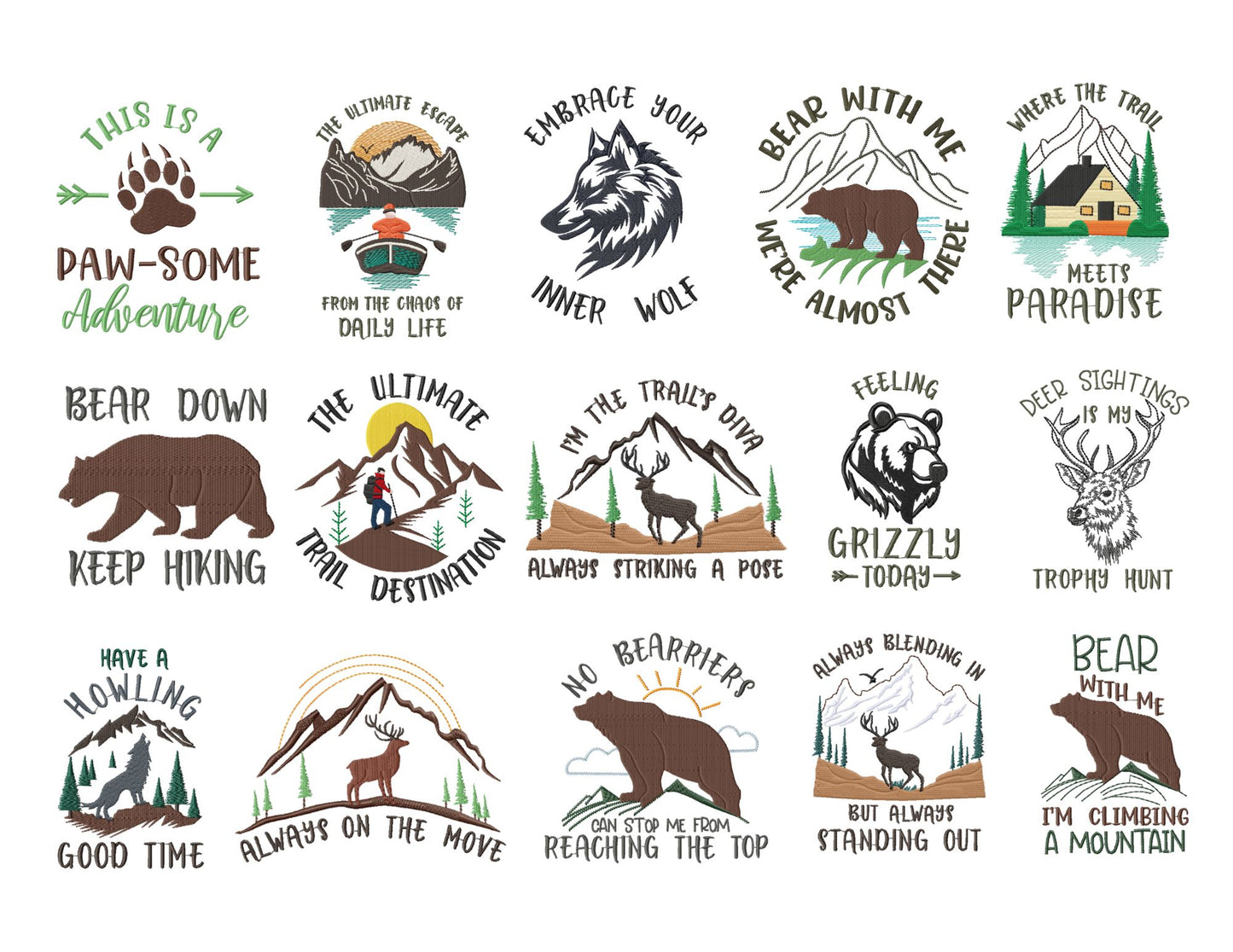 Hiking Embroidery Designs Bundle – Funny Bear Sayings, Buck, Mountain & Lake Machine Embroidery Patterns-Kraftygraphy