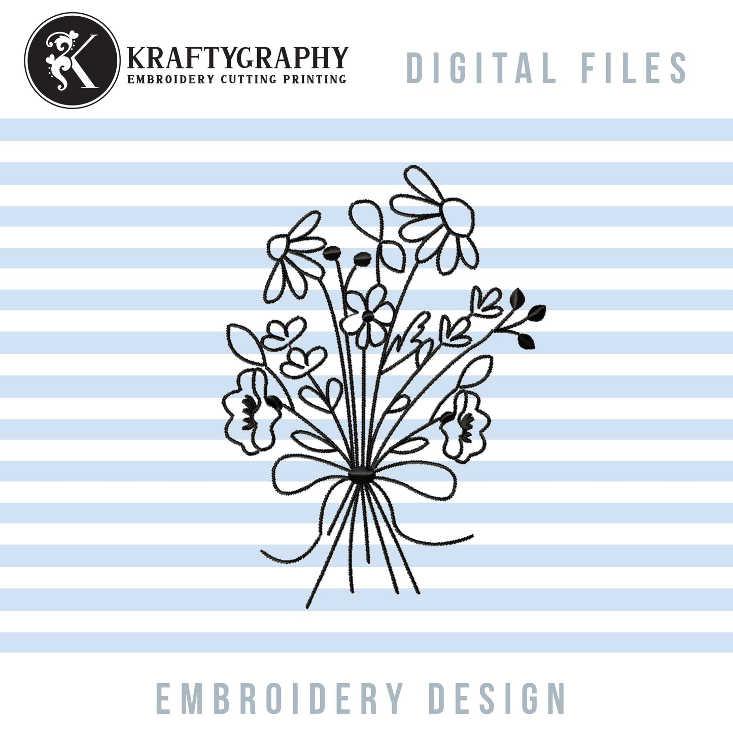 Wild Flower Bouquet Embroidery Designs, Wildflowers Embroidery Patterns, Bouquet of Wildflowers Machine Embroidery Files, Flowers Embroidery Outline, Daisy Bouquet Single Line Embroidery, Simple Floral Pes Files-Kraftygraphy