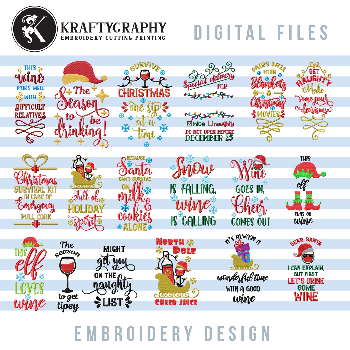 Christmas Wine Word Art Machine Embroidery Patterns Bundle for Wine Bags, Christmas Embroidery Designs for Wine Aprons, Wine Glass Embroidery Files, Wine Bottle Embroidery Pes Files, Wine Themed Embroidery,-Kraftygraphy