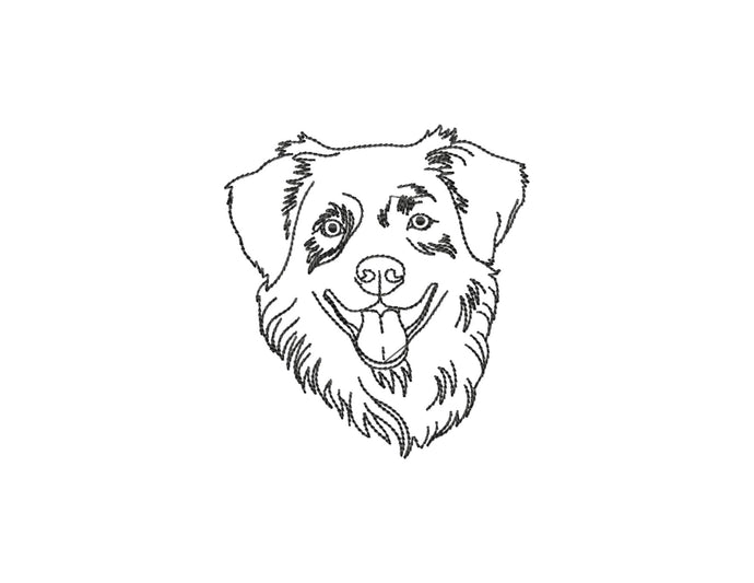 Australian shepherd face machine embroidery design, multiple sizes and file types, outline sketch style-Kraftygraphy