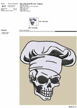 Load image into Gallery viewer, Goth chef embroidery design, skull with cooking hat embroidery files-Kraftygraphy
