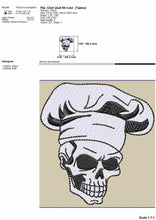 Load image into Gallery viewer, Goth chef embroidery design, skull with cooking hat embroidery files-Kraftygraphy
