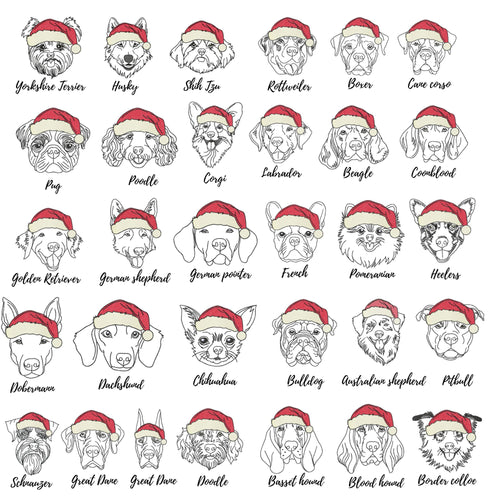 Christmas dogs with Santa hat machine embroidery designs bundle in sketch outline style, low stitch count, multiple sizes great for sweatshirts-Kraftygraphy