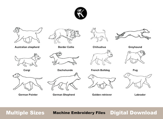 Minimalist Dog Outline Embroidery Designs Bundle - 12 Breeds Multi-Size Value Pack-Kraftygraphy