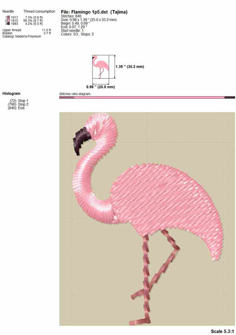 Mini flamingo machine embroidery design, fill stitch, simple pink flamingo embroidery patterns,-Kraftygraphy