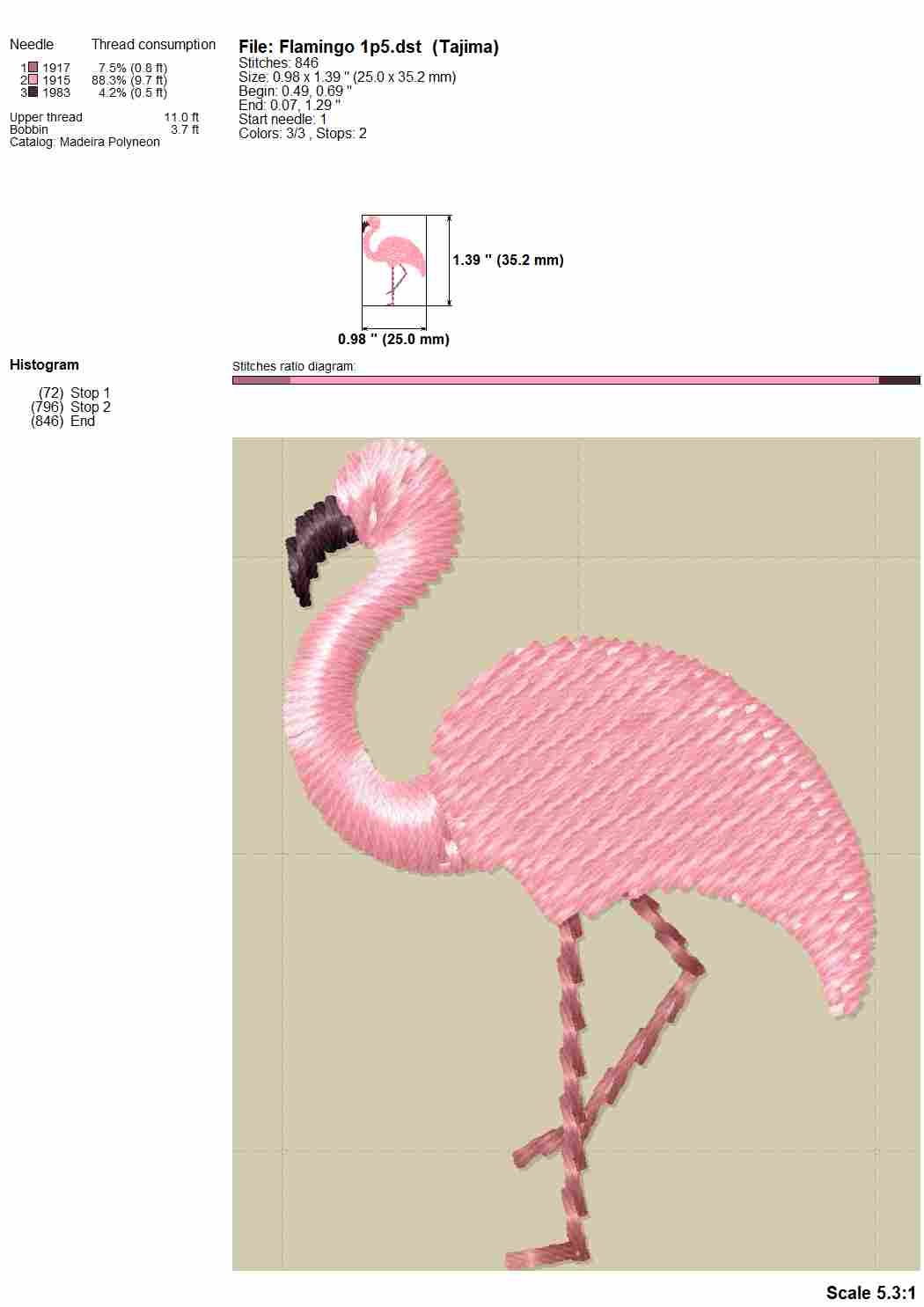 Mini flamingo machine embroidery design, fill stitch, simple pink flamingo embroidery patterns,-Kraftygraphy