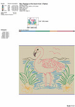 Load image into Gallery viewer, Pink flamingo at the lake machine embroidery design scene - sketch style-Kraftygraphy
