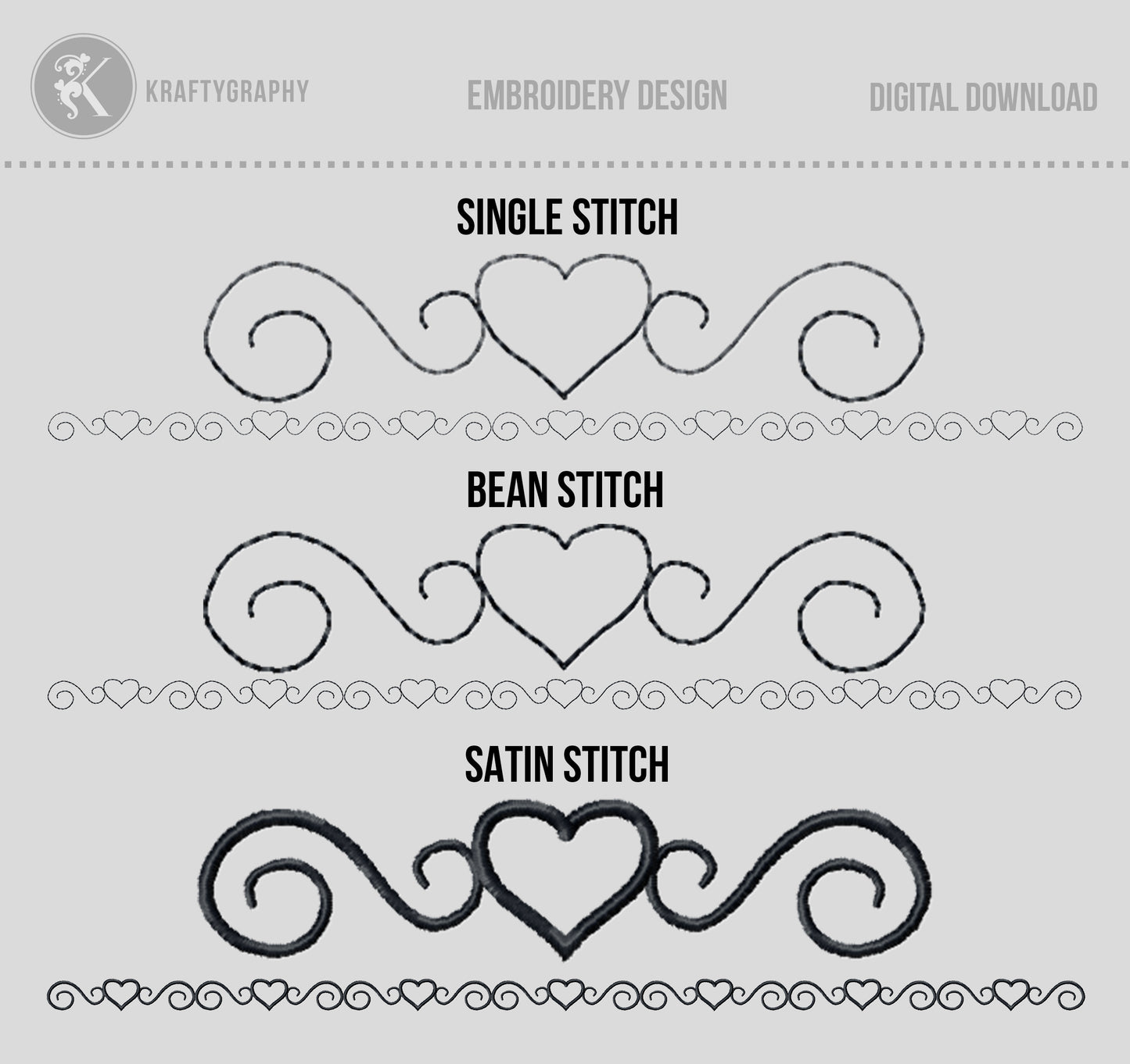 Heart Continuous Border Machine Embroidery Design – Decorative Element in Outline Style-Kraftygraphy