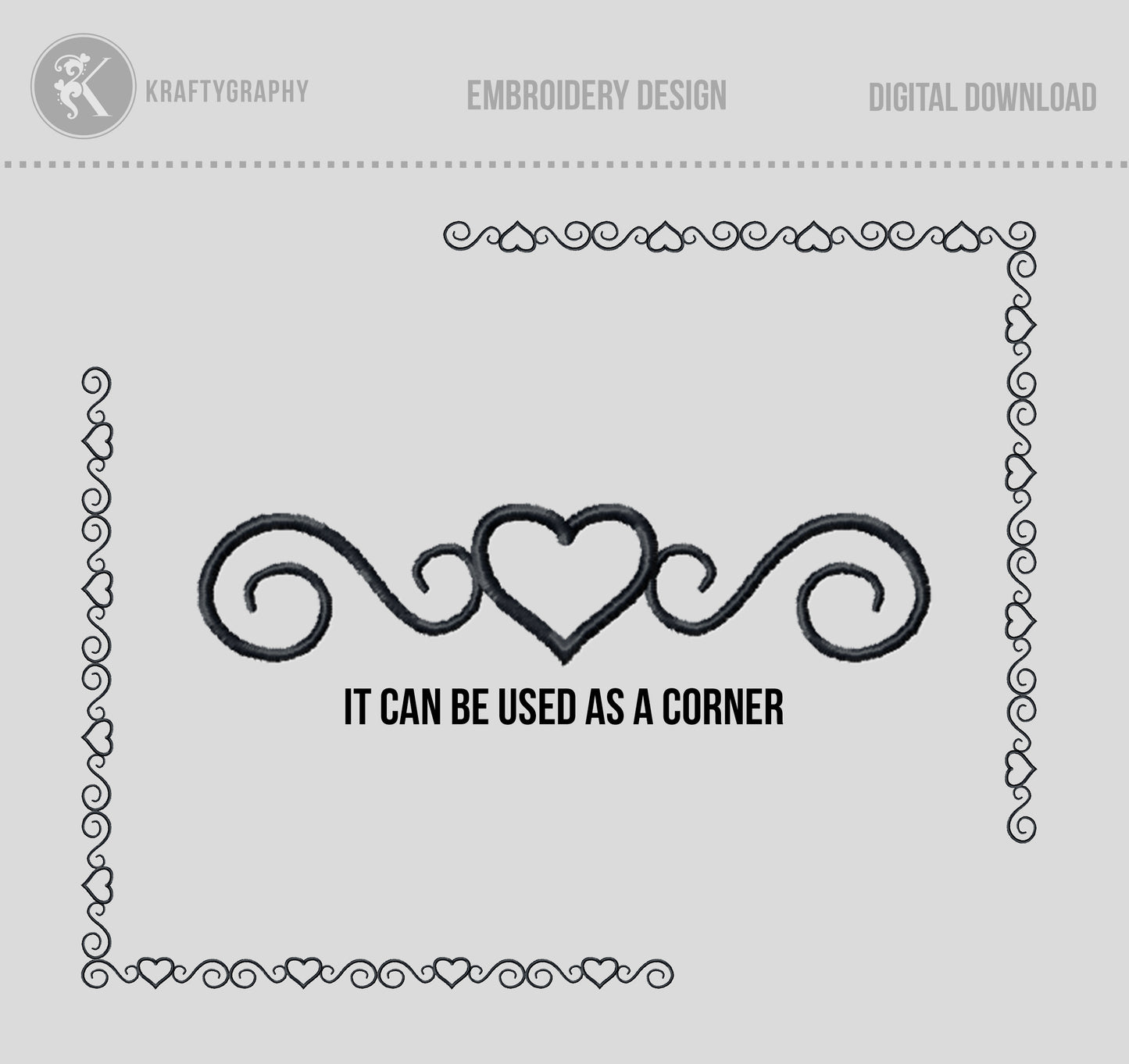 Heart Continuous Border Machine Embroidery Design – Decorative Element in Outline Style-Kraftygraphy