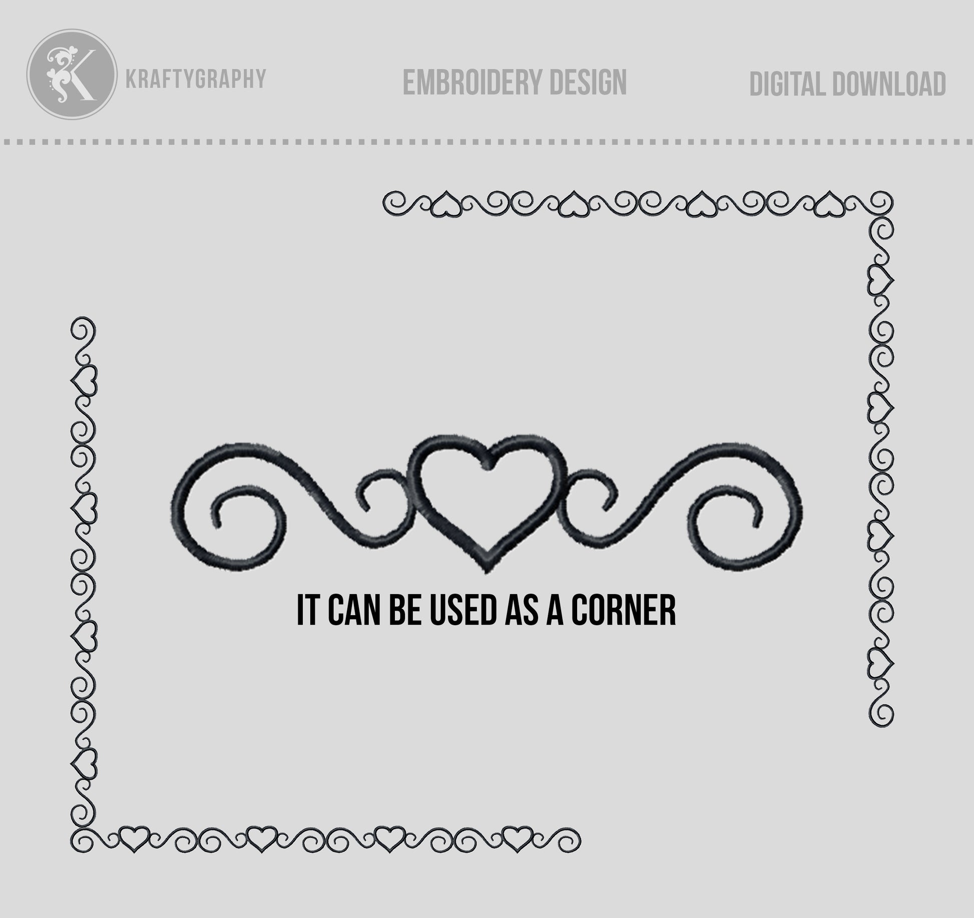 Heart Continuous Border Machine Embroidery Design – Decorative Element in Outline Style-Kraftygraphy