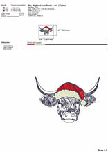 Load image into Gallery viewer, Christmas highland cow with Santa hat machine embroidery design, sketch embroidery, 5 sizes-Kraftygraphy
