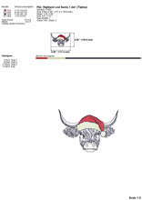 Load image into Gallery viewer, Christmas highland cow with Santa hat machine embroidery design, sketch embroidery, 5 sizes-Kraftygraphy
