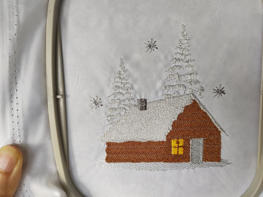 Winter scenery with cabin and snowey pine trees machine embroidery design-Kraftygraphy