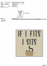 Load image into Gallery viewer, If I fits I sits - hilarious cat joke machine embroidery design with a cat and box-Kraftygraphy
