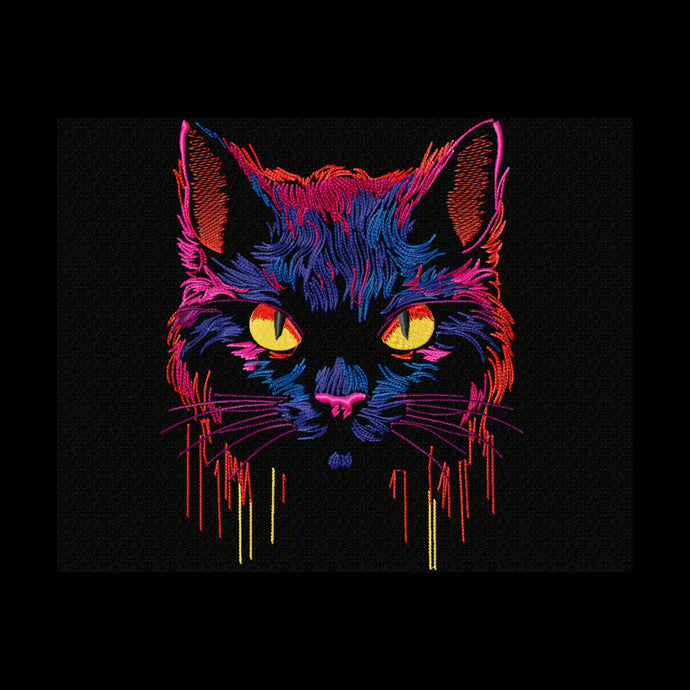 Neon cat face machine embroidery design, glowing black cat embroidery pattern, 5 sizes-Kraftygraphy