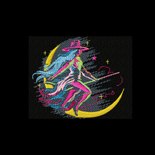 Load image into Gallery viewer, Neon witch flying on broomstick machine embroidery design for dark fabrics, multiple sizes-Kraftygraphy
