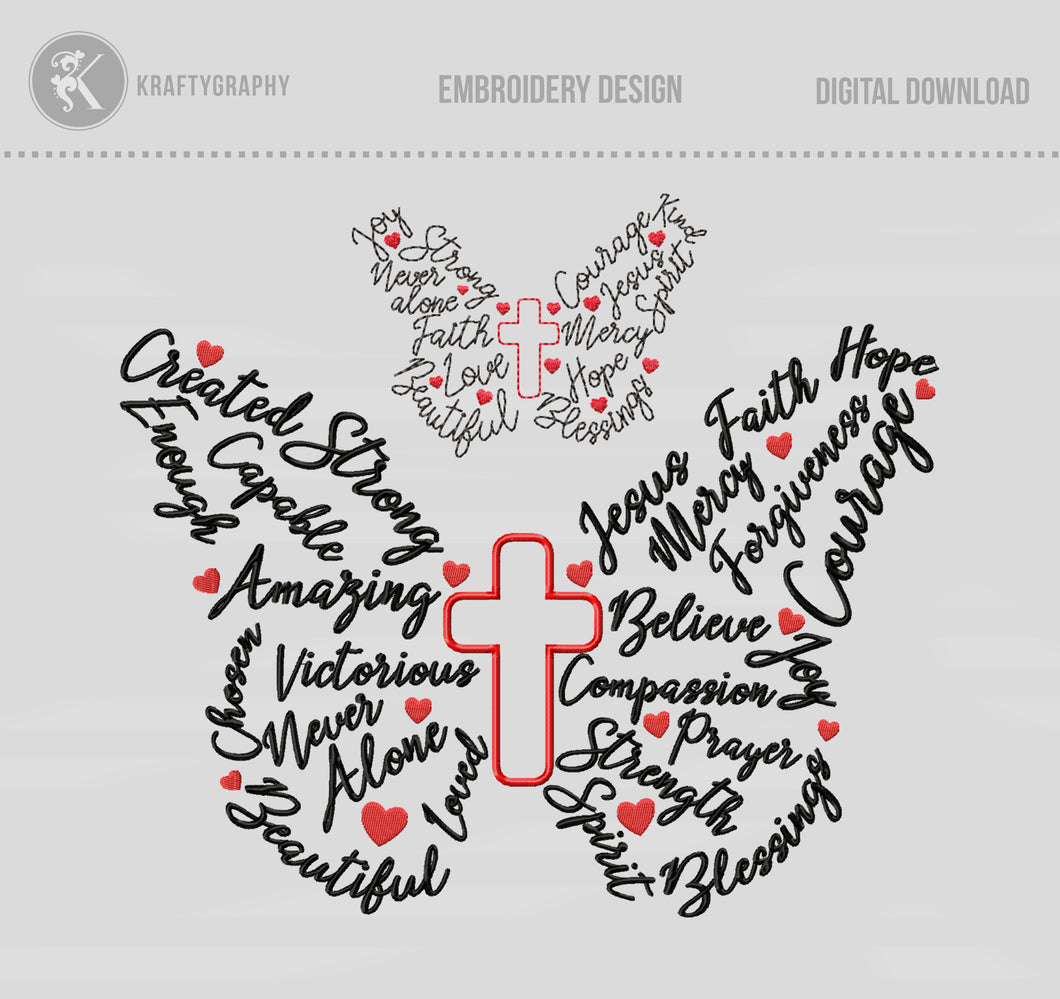 Religious Butterfly Machine Embroidery Patterns, Christianity Word Art Embroidery Designs, Girl Pes Files-Kraftygraphy