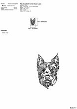 Load image into Gallery viewer, Scottie dog face machine embroidery design, Scottish terrier embroidery files, multiple sizes, outline style-Kraftygraphy
