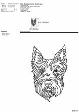 Load image into Gallery viewer, Scottie dog face machine embroidery design, Scottish terrier embroidery files, multiple sizes, outline style-Kraftygraphy
