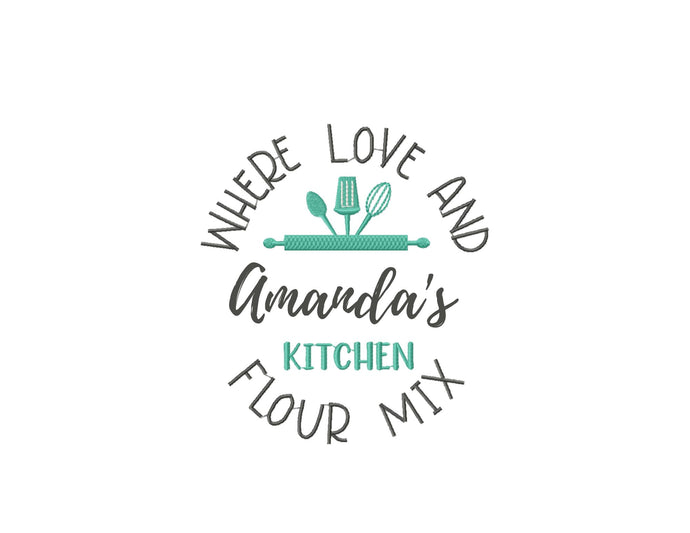 Where love and flour mix - kitchen embroidery design with split monogram frame for name-Kraftygraphy