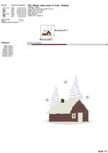 Load image into Gallery viewer, Winter scenery with cabin and snowey pine trees machine embroidery design-Kraftygraphy
