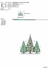 Load image into Gallery viewer, Winter scene machine embroidery design with pine trees covered in snow-Kraftygraphy
