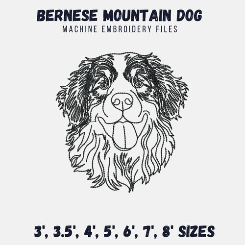Bernese mountain dog face machine embroidery design, multiple file types and sizes, outline, sketch style-Kraftygraphy