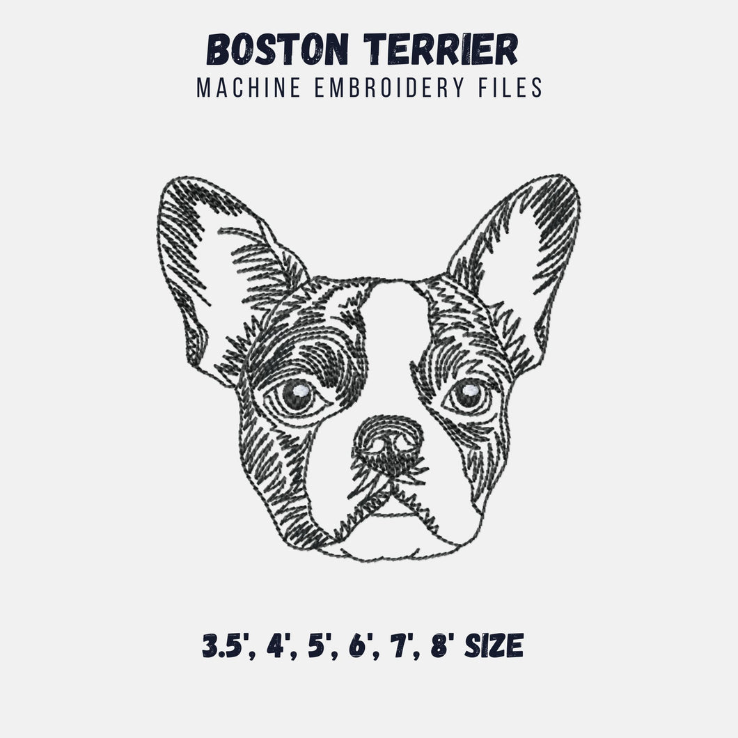 Boston terrier face machine embroidery design, multiple sizes and file types, sketch outline style-Kraftygraphy