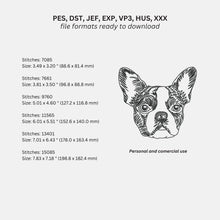 Load image into Gallery viewer, Boston terrier face machine embroidery design, multiple sizes and file types, sketch outline style-Kraftygraphy
