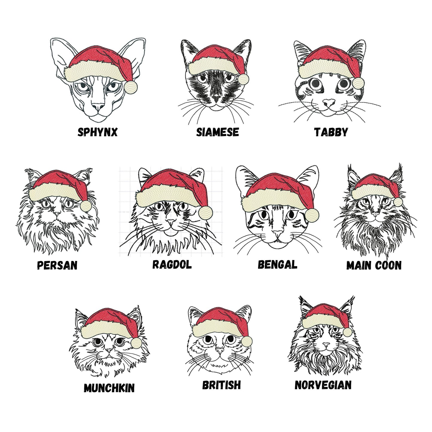 10 Cat Breeds with Santa Hats – Single Line Outline Embroidery Designs for Machine Embroidery (Multiple Sizes & File Types)-Kraftygraphy