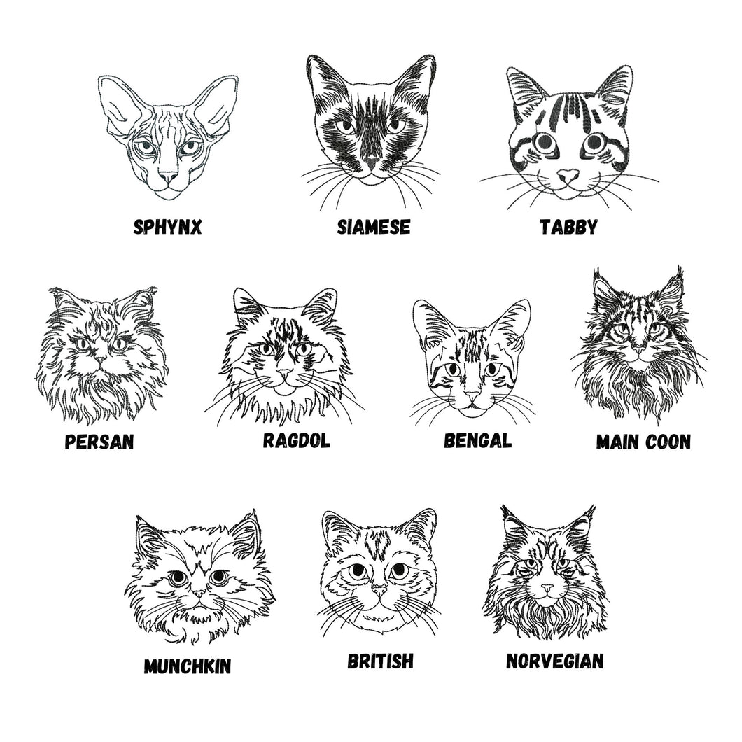 10 Cat faces machine embroidery design outline, multiple sizes and formats-Kraftygraphy